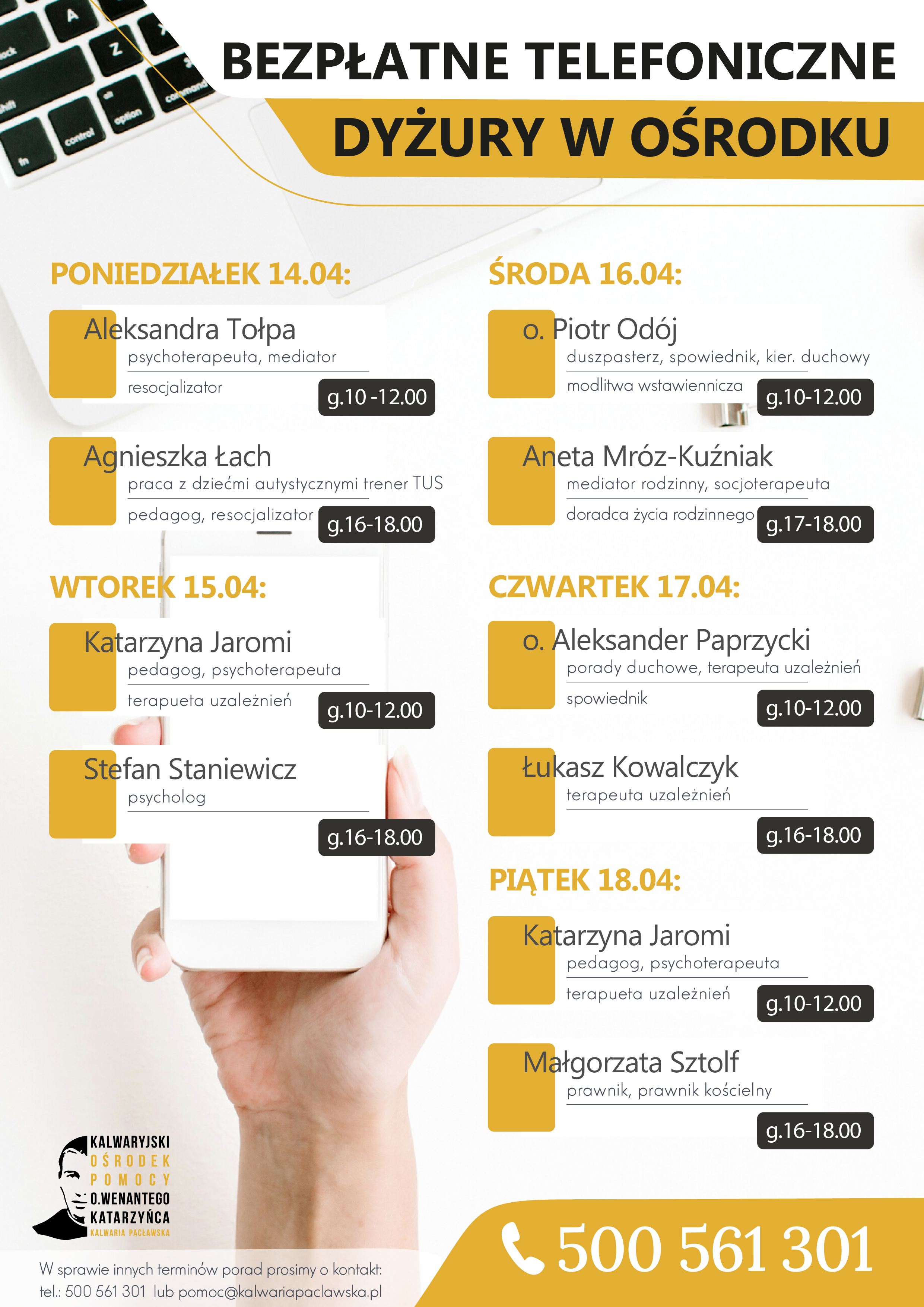 Dyżury telefoniczne – 14-18.04.2025
